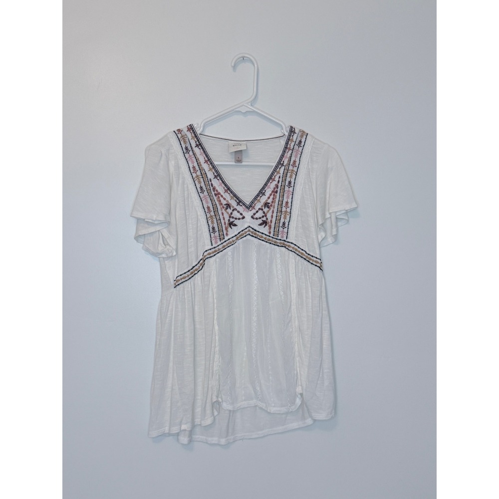 Knox Rose White Embroidered Boho Babydoll Top Small